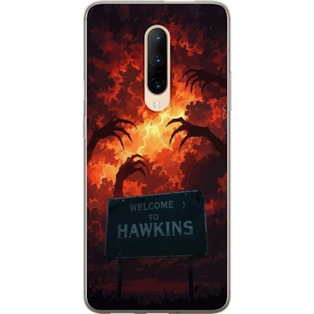 Kompatibelt Mobildeksel til OnePlus 7 Pro Mørk apokalyptisk fantasi-scene med brennende himmel og Hawkins-skilt i Stranger Things-stil