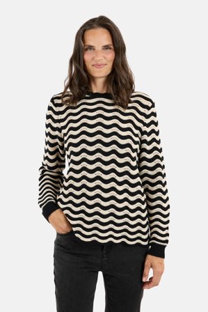 SIGNATURE - Langærmet Strik - Sort/ Beige - Stribet