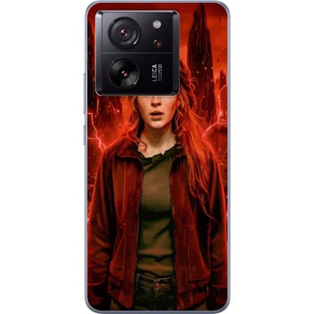 Kompatibelt Mobilskal till Xiaomi Xiaomi 13T Pro Porträtt av en ung kvinna med rött hår i en apokalyptisk landskap, röda blixtar och mörka klippf