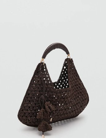 Mango Natural Fibre Shoulder Bag With Flower Charm - Brown - ONE SIZE