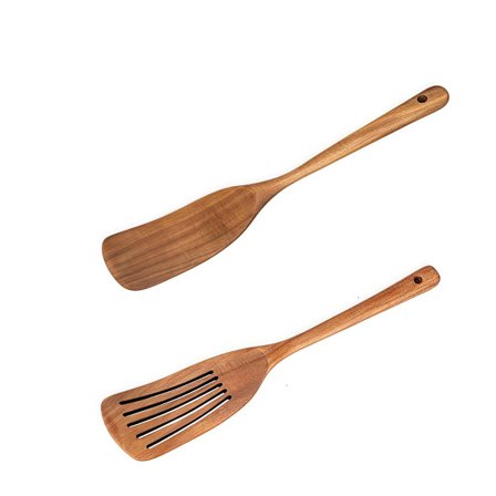 To-delt sæt - Køkkenspatel i træ - Madlavningsspatel i akacietræ - Pandekagespatel med flad bund - Køkkenredskaber