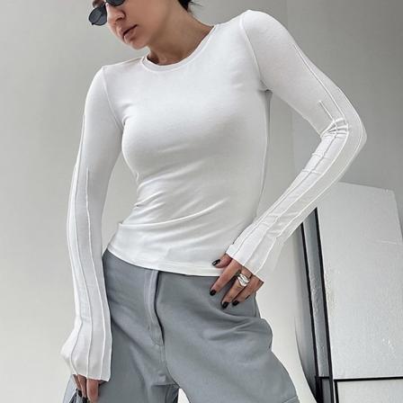Pitkähihainen paita naisille, tiukka pyöreä pääntie, pitkähihainen crop top Y2K slim fit topit vit L