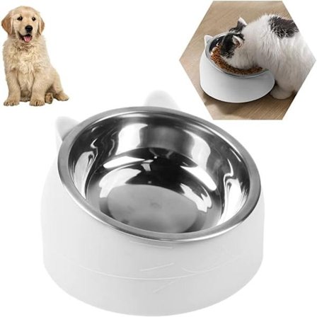 Hvid Skrå Rustfri Stål Kattefoderskål, Foderskål, Dobbelt Lag Rustfri Stål Kattefoderskål, Hvalpeskål, Kæledyrsskålsæt, Aftagelig Katte- og Hundeskål,