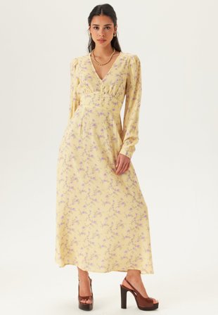 BUBBLEROOM - Viscose V-neck Maxi Dress - Yellow/Floral
