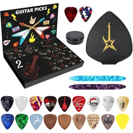 Julekalender - Plektrum Julekalender, 24-dages Trækalender med Etui og Plektrum, Overraskelsessæt til Guitar, Bas og Ukulele