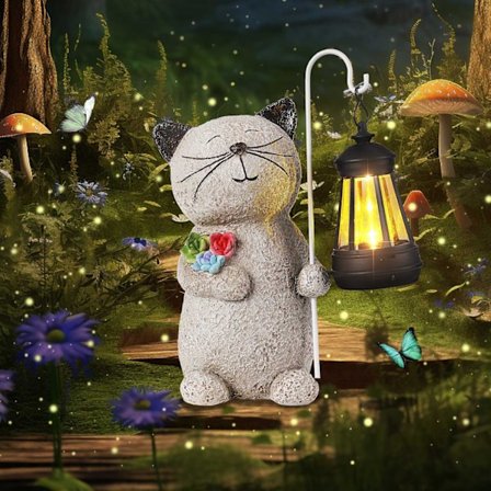 Solar Kattehage Dekor Statuer - Katte Solar Lamper Utendørs Hage, Kjærlig Katt med Solar Lanterner for Terrasse, Hage, Plen, Utendørs Hage