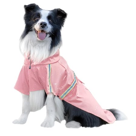 Justerbar vanntett hunde-poncho med tilgang til bånd, vindtett refleksivt utendørsbekledning for små, mellomstore og store raser, rosa med refleks