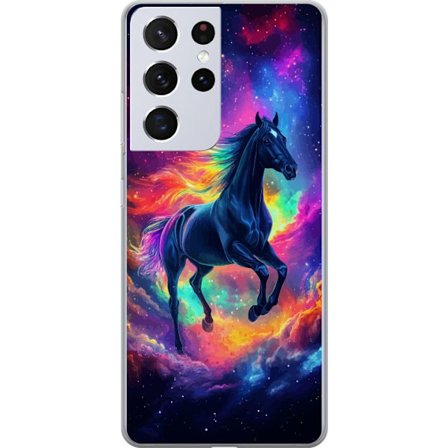 Kompatibelt Mobildeksel til Samsung Galaxy S21 Ultra 5G Fargerik galaksehest med regnbuehår i rommiljø, magisk fantasiillustrasjon for barnerom, plaka