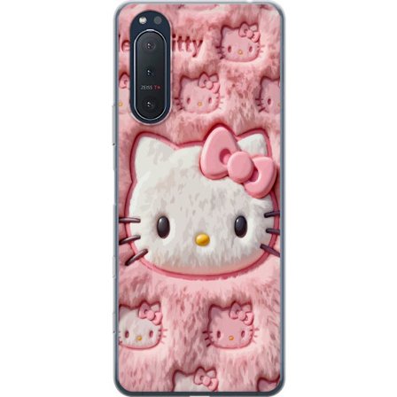 Kompatibelt Mobildeksel til Sony Xperia 5 II Hello Kitty rosa fluffy bakgrunn med ikoniskt ansikt og kawaii-estetikk