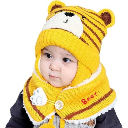 Vinterlue + Søtt Varmt Skjerf for Barn, Ull Beanie, Heklet