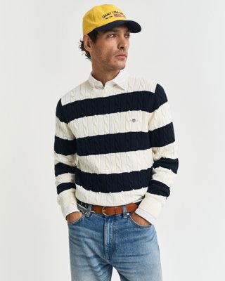 GANT - Stripet kabelstrikket genser med rund hals til herre evening blue