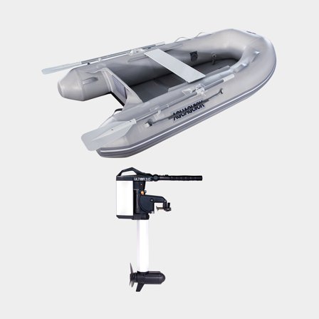 Pontony / ponton z silnikiem elektrycznym Aquaquick 230, podłoga drewniana, szary + Haswing Ultima Travel, 3.0 hk, 1030 W, 63 cm długość kolumny, z 