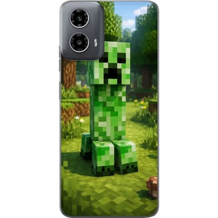 Kompatibelt Mobilskal till Motorola Motorola Moto G34 Block-baserad Creeper-figur i en grön pixell värld, ikonisk spelillustration för barnrum, gam