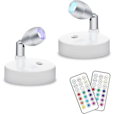 2 stk. trådløse RGB LED-spotlights, batteridrevne accent-lys, dæmpbare mini-puck-lys til indendørs brug med fjernbetjening, 4000K varmt hvidt, klæb på