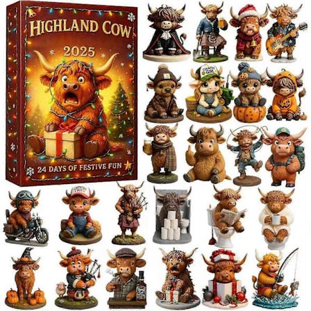 2025 Highland Cow Adventskalender, 24-dagers julekalender, Leveres med 24 forskjellige 3D miniatyr Highland Cow dekorasjoner (FMY)