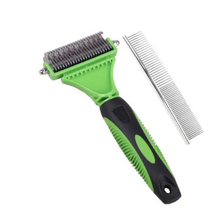 Grøn hundekam + række kattekam, dobbeltsidet rustfrit stål kæmmesæt til kæledyr