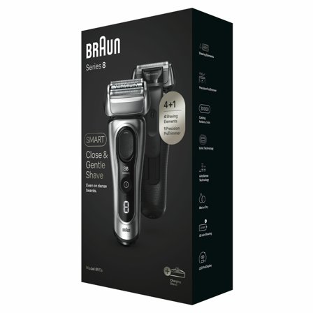 Braun Series 8 Elektrisk Barbermaskin 8517s (sølv) Ladeholder, 60 min driftstid, Wet & Dry, 4 barberelementer