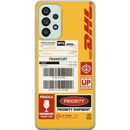 Kompatibel Mobilcover til Samsung Samsung Galaxy A73 5G DHL Express fragtetiket design med stregkoder, Frankfurt tekst og logistiktema grafisk motiv