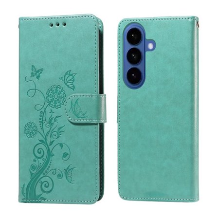Samsung Galaxy S26 Plus Plånboksfodral Konstläder Blomtryck Ställ - Grön