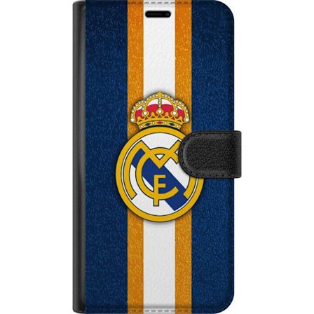 Kompatibelt Lommeboketui til Motorola Edge 50 Fusion Real Madrid klubbmerke med kongelig krone mot blå bakgrunn med gule og hvite striper