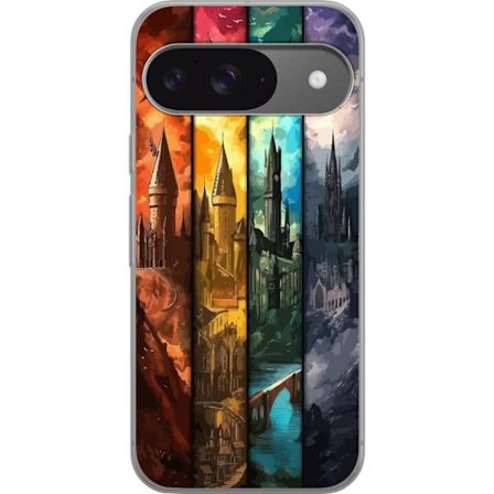Kompatibel Mobilcover til Google Google Pixel 9 Fire magiske slotte i forskellige elementfarver, episk fantasykunst med ild vand luft og mørke i deta