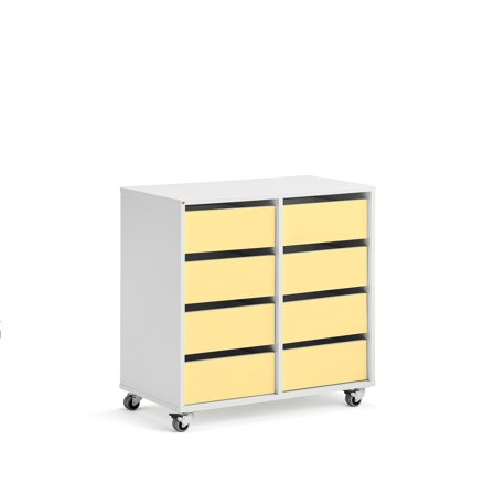 Student storage CASPER, 8 drawers, white, yellow