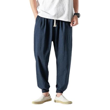 Lösa Casual I Bomullslinne För Män Navy Blue Xl
