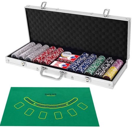 COSTWAY Poker Case, 500 pelimerkkiä, 2 korttipakkaa, 5 noppaa, 3 painiketta, 1 huopamaton ammattilaatikko, alumiinikotelo