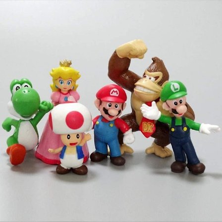 Super Mario Toimintahahmot Lelusetti, 6 Mario-hahmoa, mukana Luigi, Prinsessa Peach, Yoshi, Donkey Kong ja Toad, koristeelliset kakunkoristeet, 