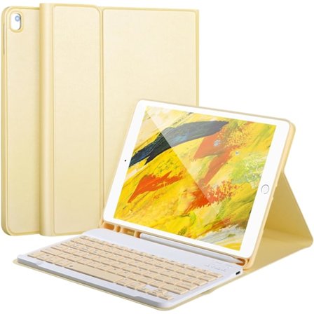 Tastaturdeksel for iPad 10.2/Pro10.5/air3, iPad-deksel med tastatur, avtakbart Bluetooth-tastatur, med pennspor, Gul