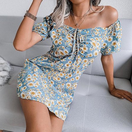 Dame Sommer Sexy Off Shoulder Blomstret Minikjole med Trykk