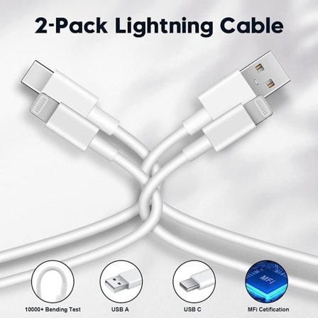 2 iPhone-kablar, en USB-A och en USB-C