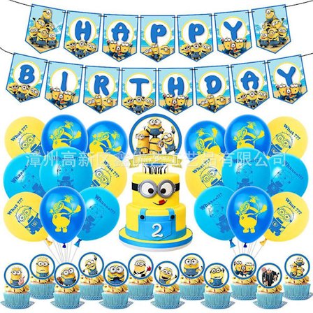 Minions Tema Fødselsdagsfest Dekoration Ballon Banner Kage Topper Sæt