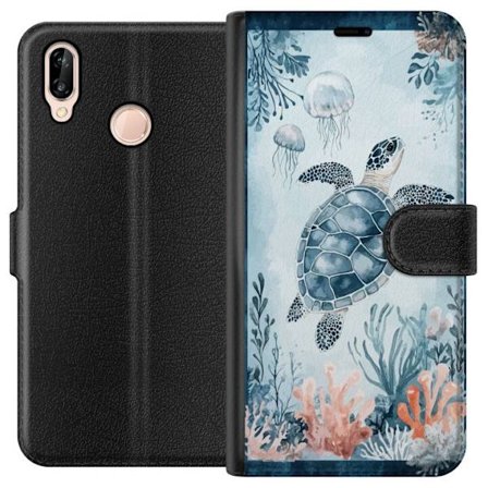 Kompatibel Tegnebogsetui til Huawei P20 lite Akvarel-maleri af en havskildpadde blandt koraller og maneter i et fredeligt blåt undervandsverden