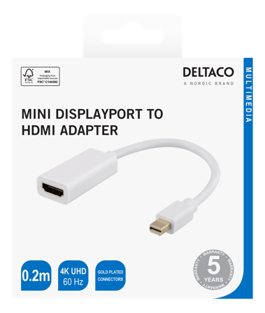 Deltaco HDMI - miniDisplayPort adapter, 4K UHD 60Hz, 0.2m, white