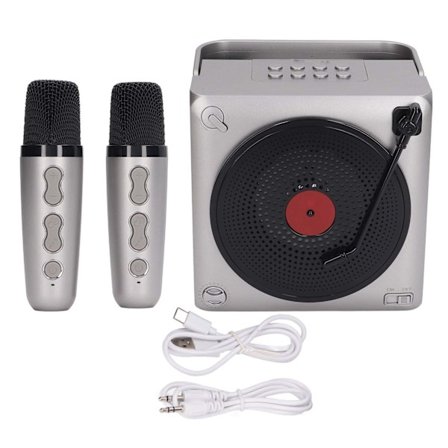 Karaoke Maskine med Dobbelt Mikrofon Bærbar LED Bluetooth Højttaler til Fødselsdag Hjemmefest Grå
