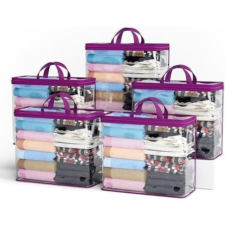 5-pak stofopbevaringsposer med lynlåsholder - Gennemsigtige opbevaringsposer til tøj, sengetøj og legetøj