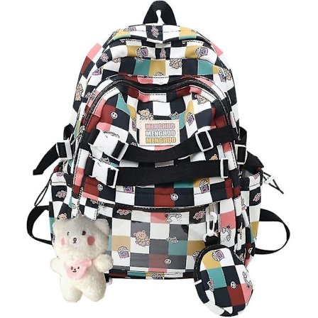 Söt Kawaii Ryggsäck För Tonårsflickor Med Docka, Trendig Rutiga Ryggsäck För Skolan Med Rutigt Mönster. (svart)