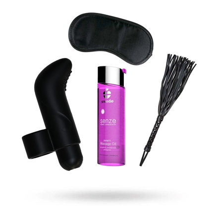 KIT MED FINGERVIBRATOR, SWEDE MASSAGEOLJA, DIABOLIQUE FLOGGER & SVART ÖGONMASK AV SATIN
