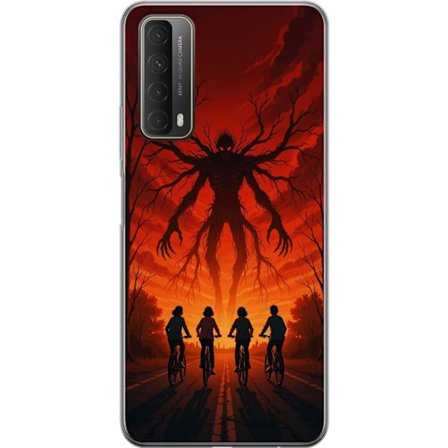 Yhteensopiva Puhelinkuori Huawei Huawei P smart 2021 Tumma Stranger Things -inspiroima kauhukuvaus punaisilla taivaalla, hirviöhahmo ja pyöräilevä