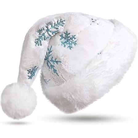 Hvit plysjnisselue for voksne Luksus julelue brodert med skinnende paljetter Lue Deluxe Santa(1 stk-blå)