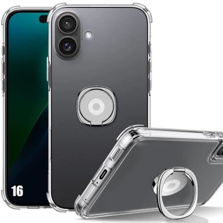 Skal till iPhone 16 - Stötsäkert Transparent Silikonskydd med Silver Ring Support