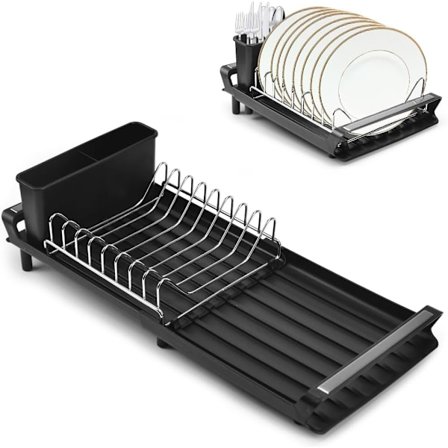 Diskställ i rostfritt stål med utdragbar avrinningsbricka, enkel våning med avtagbar bestickhållare (Svart)
