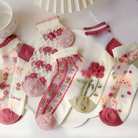 5 par blom- och björnmönstrade ankelstrumpor, polyestertyg, vår/sommarkollektion, handtvätt/kemtvätt 5-pack blandade färger One Size: US (4-8)