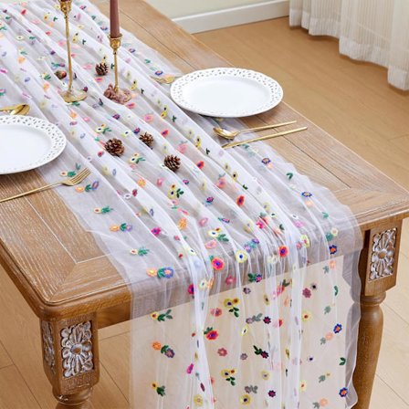 Spetsbordslöpare för bröllop - Lång vit elegant bordsduk, festlig dessertbordsdekoration med blomsterbroderi, perfekt för