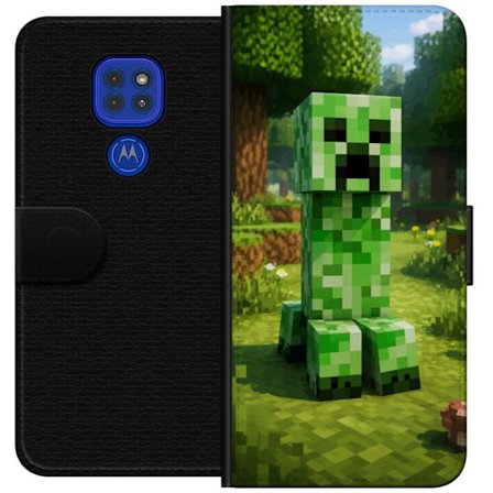 Kompatibelt Plånboksfodral till Motorola Moto G9 Play Block-baserad Creeper-figur i en grön pixell värld, ikonisk spelillustration för barnrum, ga