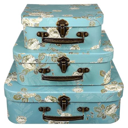 3 stk. Koffertsett i papp med metallhåndtak, blomstermønster, dekorative oppbevaringsbokser i papp, gaveesker, hobbyesker