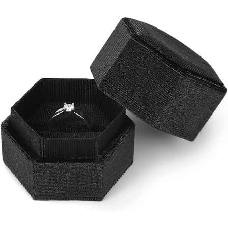 Fløjls smykke ringæske, enkelt slot sekskantet ringæske til frieri, forlovelse, bryllupsceremoni, Valentinsdag (sort)