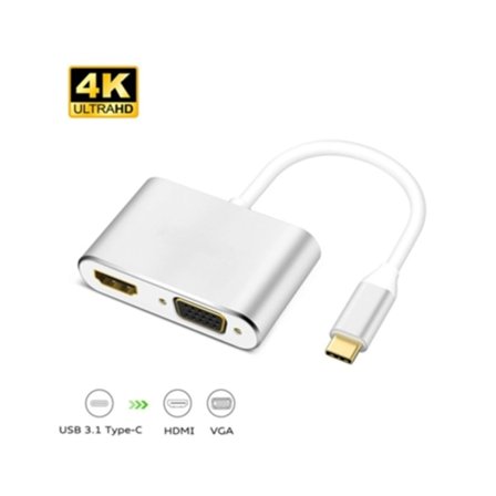 USB 3.1 Type-C till HDMI VGA 2-i-1 Adapter VGA HDMI 4K UHD Dubbel Skärm Adapter Silver