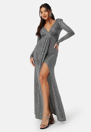 Goddiva Long Sleeve Sequin Maxi Dress With Split silver Vaatteet